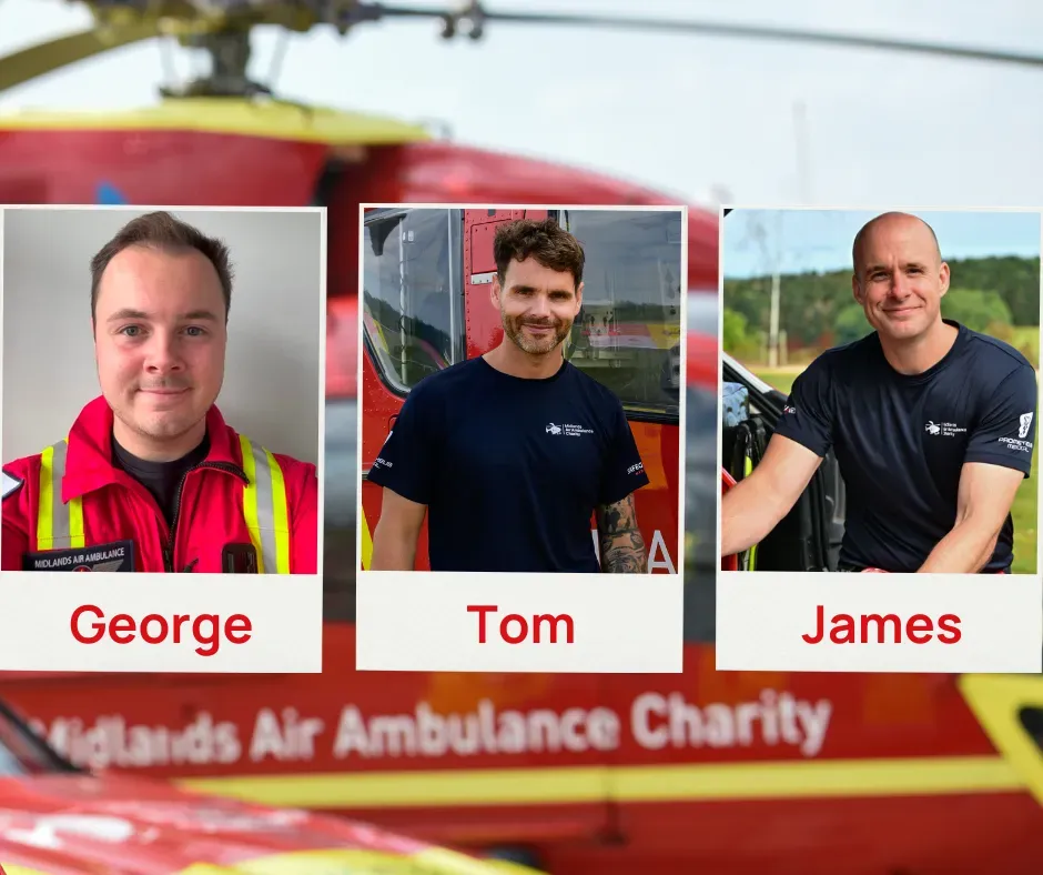 Maac Three Men In Front Of A Helicopter With A Red And Yellow Helicopter